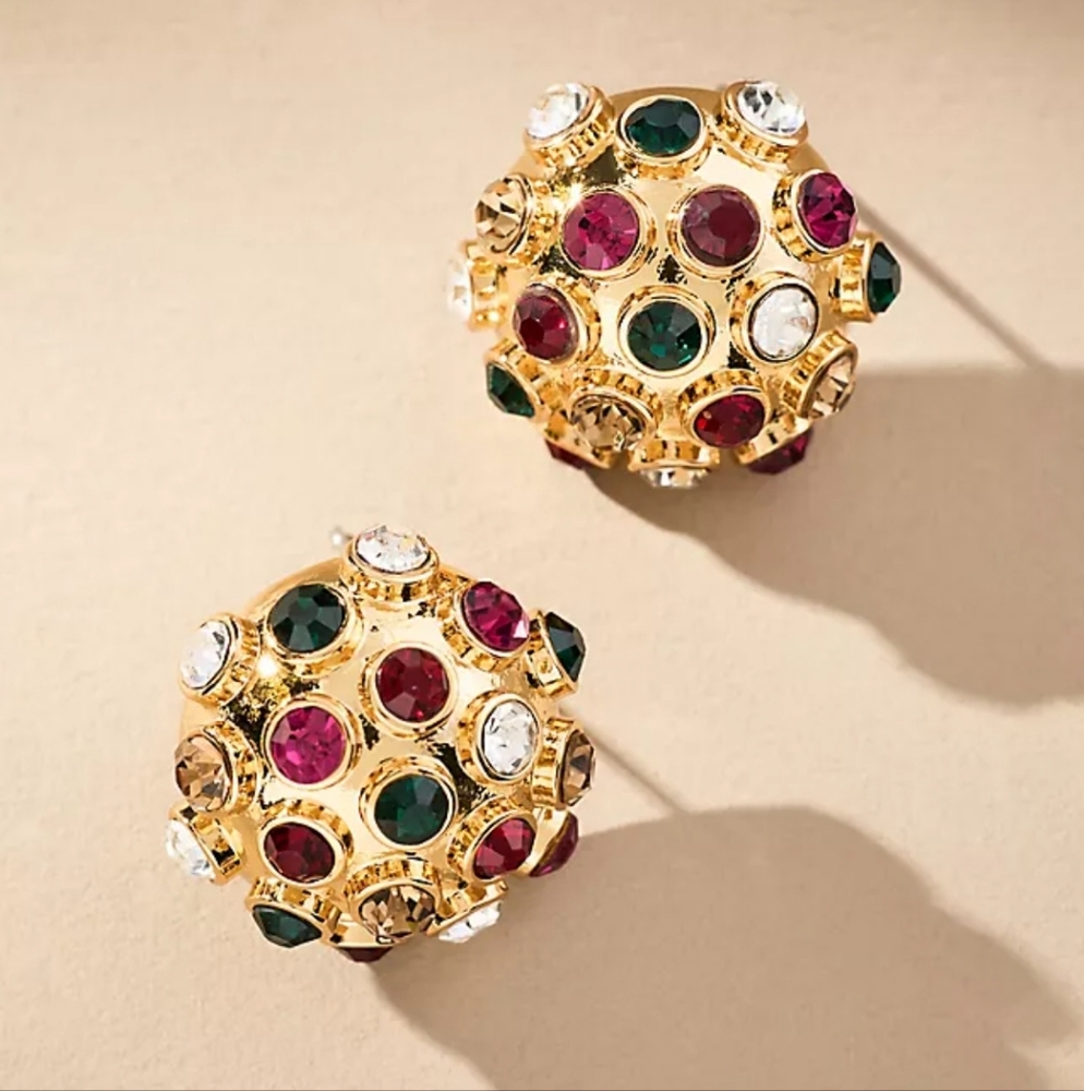 Frasier Sterling Chelsea Post Earrings 14k Gold Plated Clear Red Green Stones